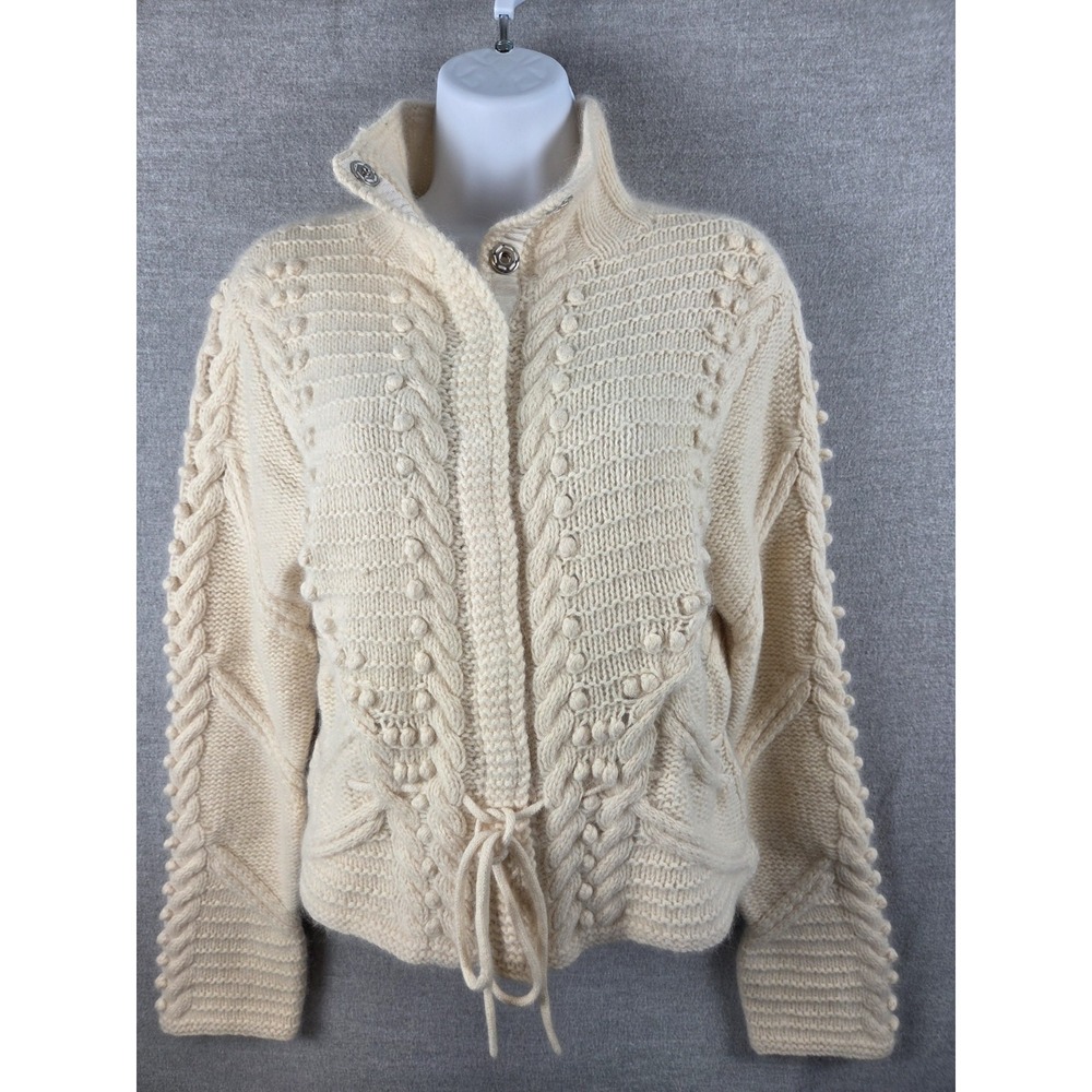 H&M Angora Wool M Cardigan Sweater Chunky Knit Tie Waist Cream Cottagecore Boho